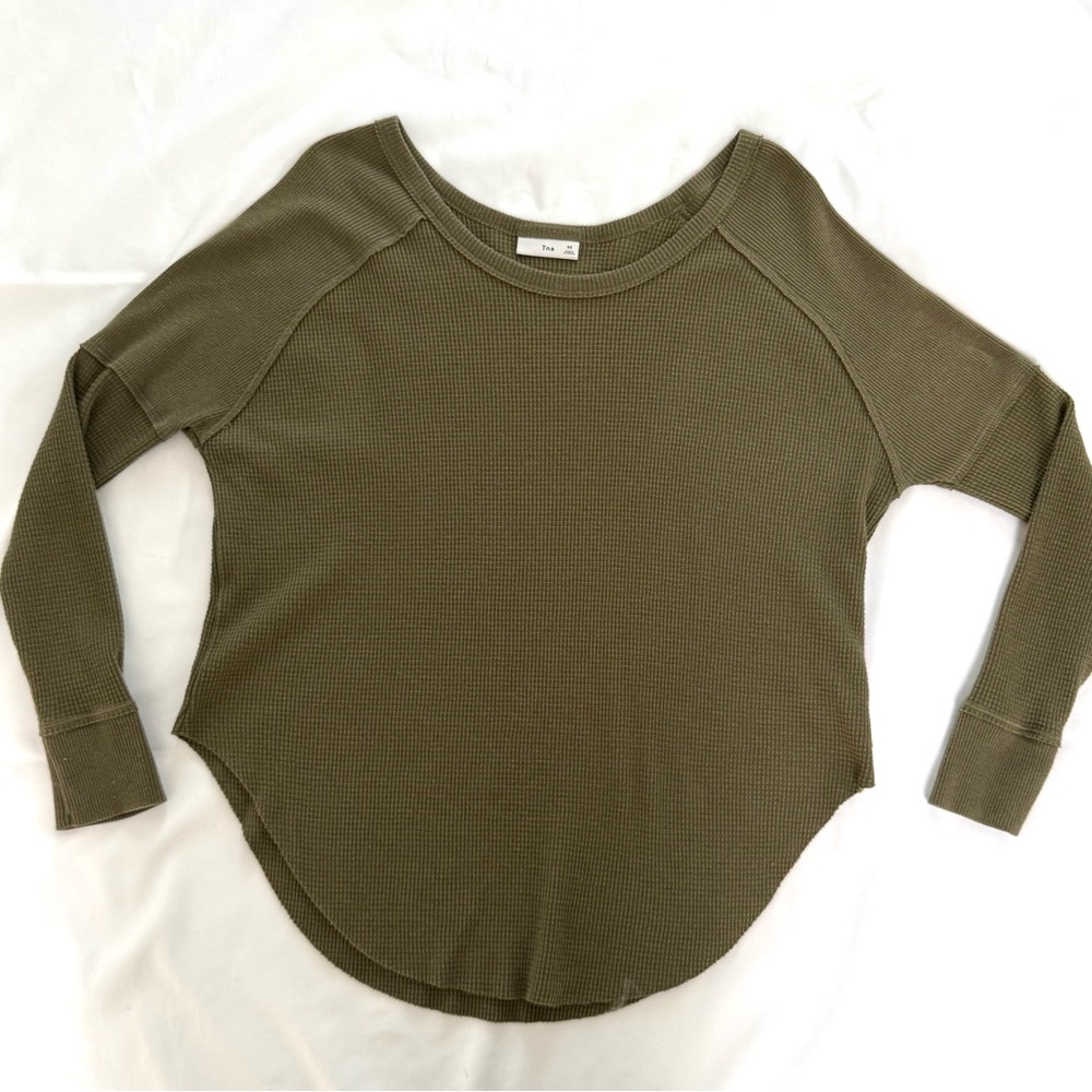 Aritzia TNA Alder Olive Green Waffle Knit Long Sleeve Thermal Top - Picture 7 of 11